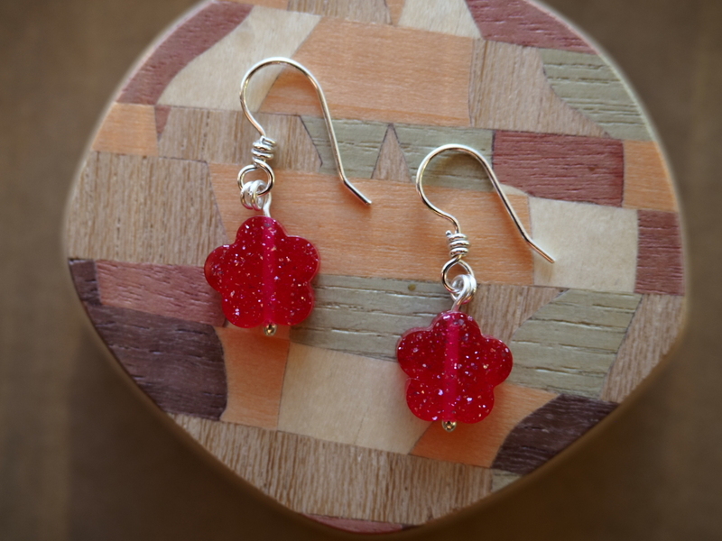 Watermelon pink flower shaped handmade argentium and fine silver sweetheart earrings