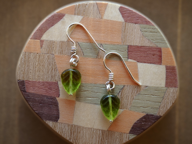 Green glass leaf handmade argentium and fine silver sweetheart earrings