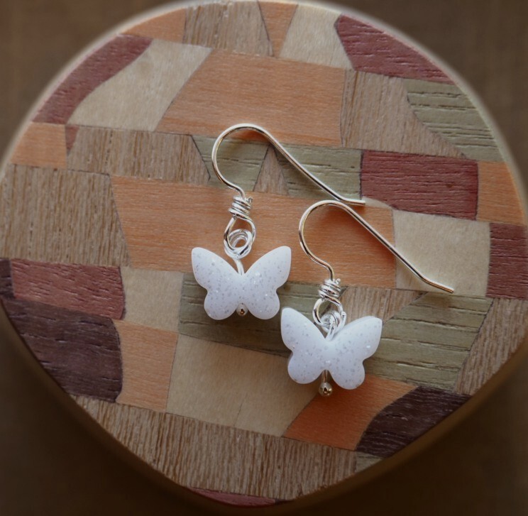 White glitter butterfly shaped handmade argentium and fine silver sweetheart earrings